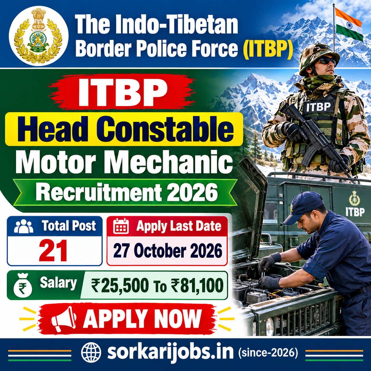 ITBP Head Constable Motor Mechanic Recruitment 2026